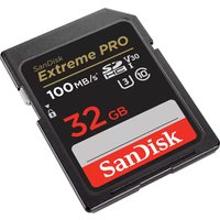 Black SanDisk Extreme PRO 32GB SDHC card with gold text, red capacity label, and speed icons.
