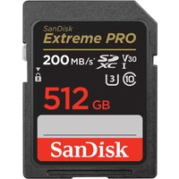 Black SanDisk Extreme PRO 512 GB SDXC card with red and gold text, Class 10, 200 MB/s speed rating.