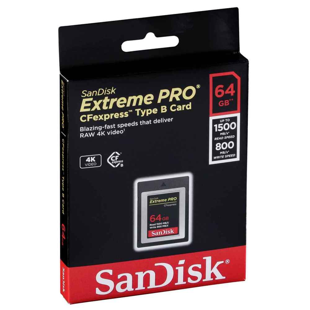 SanDisk 64GB Extreme Pro CFexpress Type B memory card packaging featuring a black and red design, highlighting speed capabilities and 4K video support.