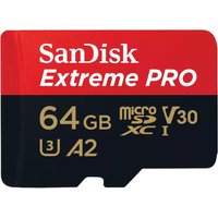 SanDisk Extreme PRO 64 GB MicroSDXC card, red and black with gold text, UHS-I Class 10, V30, A2, microSD logo.