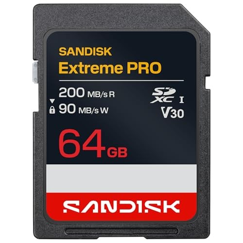 Black SD card with red and white branding, labeled "SANDISK Extreme PRO," featuring read speed of 200MB/s, write speed of 90MB/s, and 64GB capacity, suitable for 4K UHD and Full HD.