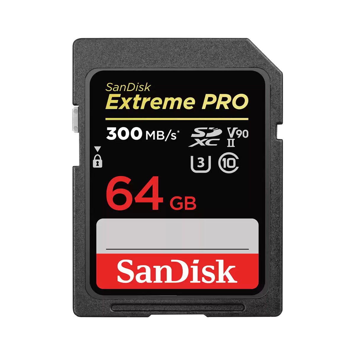 Black and red SanDisk Extreme Pro 64GB SD UHS-II V90 memory card, featuring a speed rating of 300 MB/s and marked with a yellow "Extreme PRO" logo.