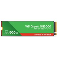 WD Green SN3000 NVMe SSD, 500GB, green and black design, PCIe 4.0, Sandisk branding on the bottom edge.