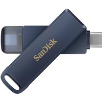 Black SanDisk iXpand USB flash drive with USB Type-C and Lightning connectors, 256 GB capacity, sleek design.