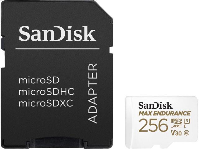 SanDisk Max Endurance MicroSD card in white with gold lettering, labeled 256GB, alongside a black adapter featuring white text for microSD compatibility.