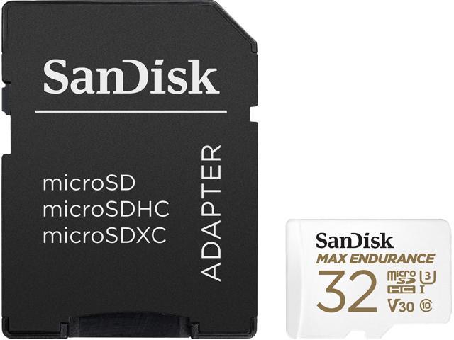 SanDisk Max Endurance MicroSD card in white with black text, 32GB capacity, alongside a black adapter labeled "SanDisk" and "ADAPTER."