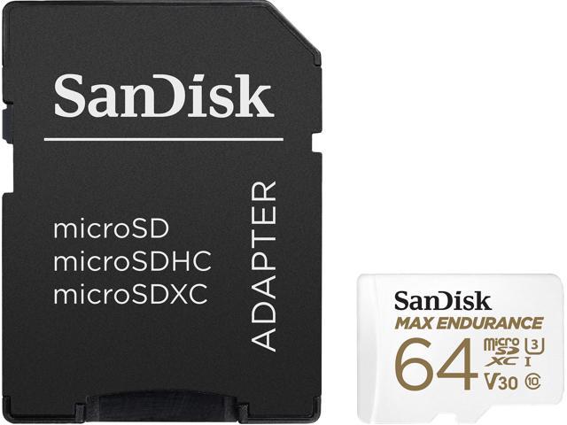 SanDisk Max Endurance MicroSD Card in white with gold lettering, alongside a black adapter, both showcasing storage capacity of 64GB and speed of 100MB/s.