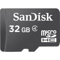 Black SanDisk microSDHC card, 32GB, Class 4, with white text and logo on the front.