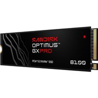 Black SanDisk Optimus GX PRO 8100 SSD with PCIe 5.0 NVMe interface, red and white text, gold connector pins.