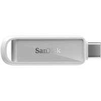White SanDisk USB flash drive, 64 GB, USB Type-C 3.2 Gen 1, sleek design with a looped end.