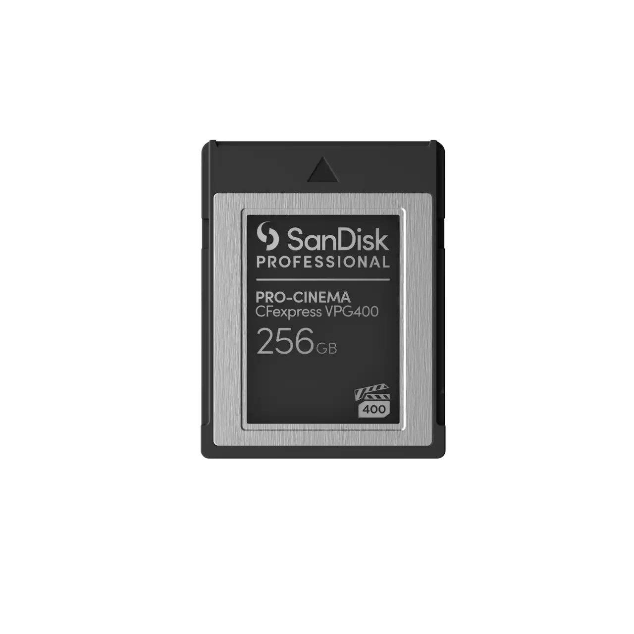 SanDisk Professional 256GB PRO-CINEMA CFexpress VPG400 Type B memory card with a black and silver design, featuring a prominent label with storage capacity and performance specifications.