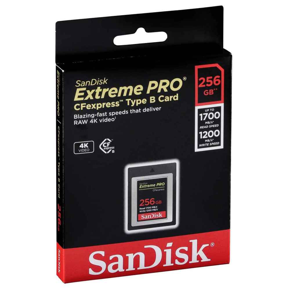 SanDisk 256GB Extreme Pro CFexpress Type B memory card in a black and silver packaging, featuring high-speed performance details and a prominent SanDisk logo.