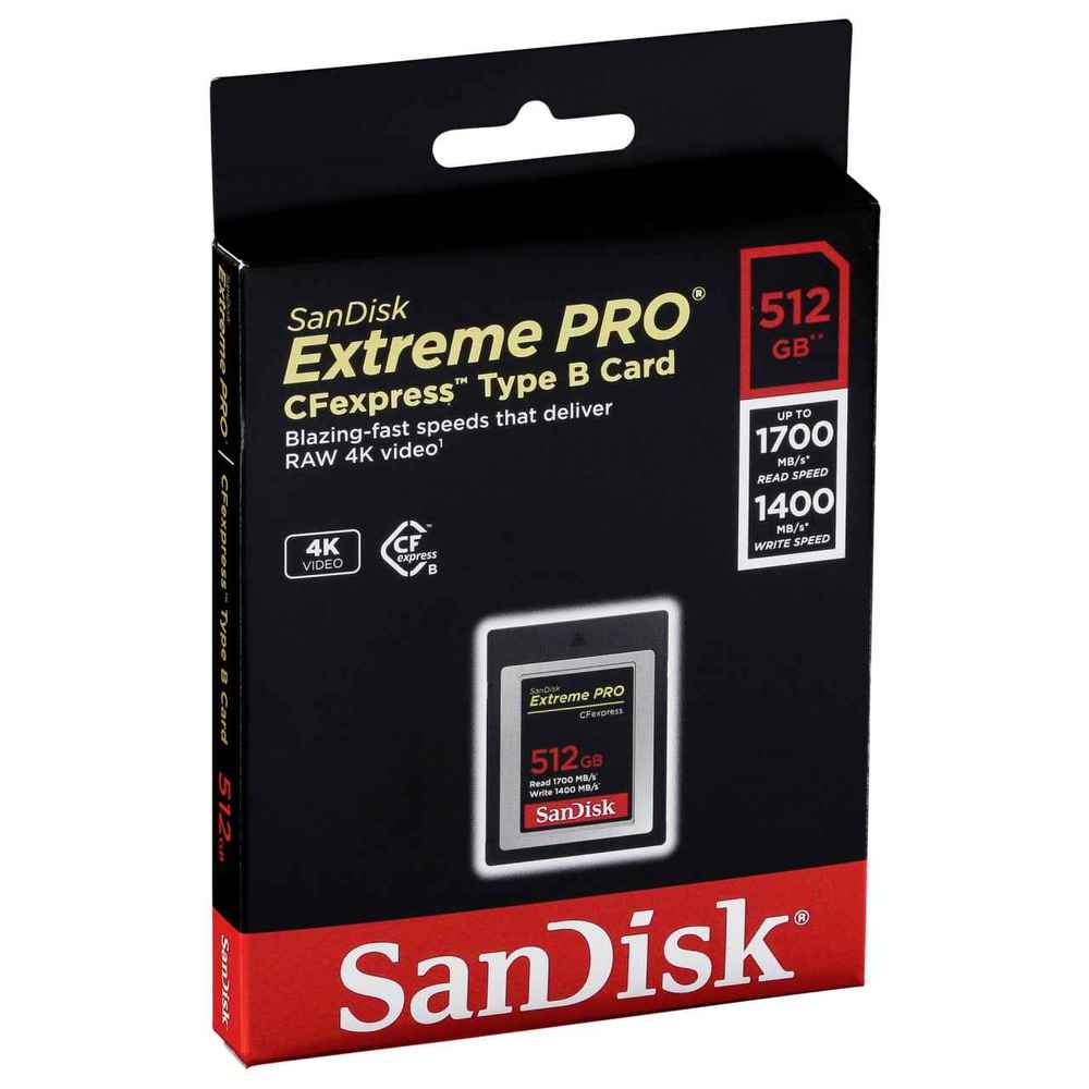 SanDisk 512GB Extreme Pro CFexpress Type B memory card in a black and red packaging, featuring a prominent "512GB" label and specifications for high-speed performance.