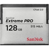 Silver SanDisk Extreme PRO CFast 2.0 memory card, 128 GB, 515 MB/s speed, black and red text on the front.