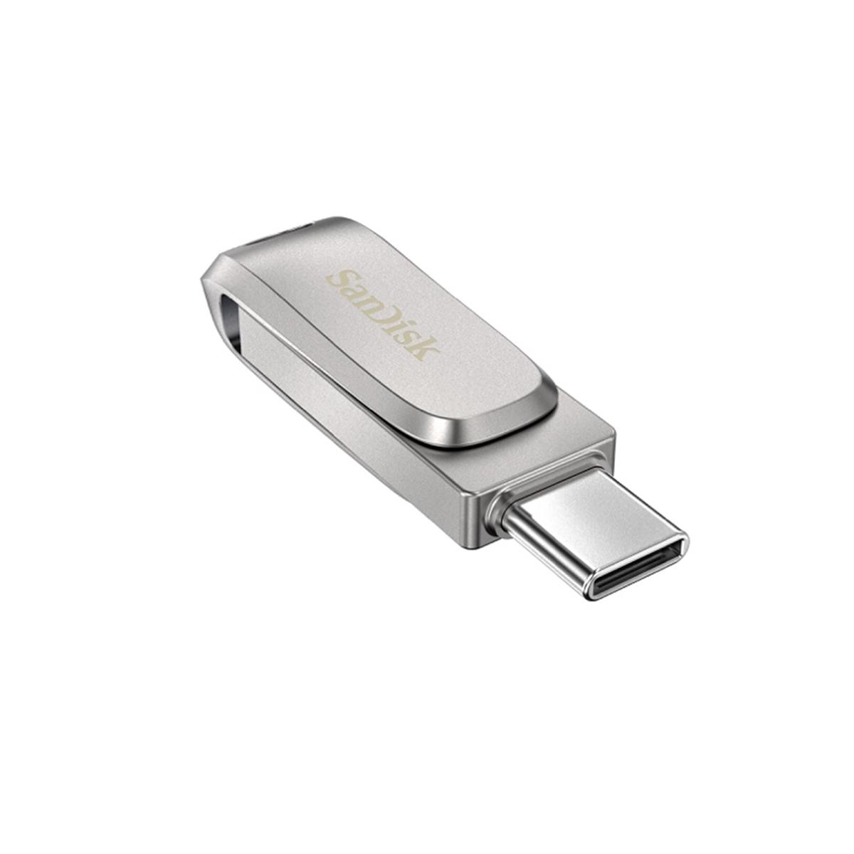 Silver metal SanDisk 64GB Ultra Luxe USB Type-C drive featuring a sleek design with a retractable connector and engraved logo.