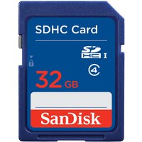 SanDisk 32 GB SDHC memory card, blue with red and white label, Class 4 speed, lock switch on the side.