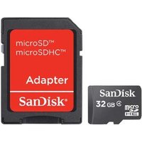 Black SanDisk 32 GB MicroSDHC memory card with red adapter, Class 4, featuring white text and logo.