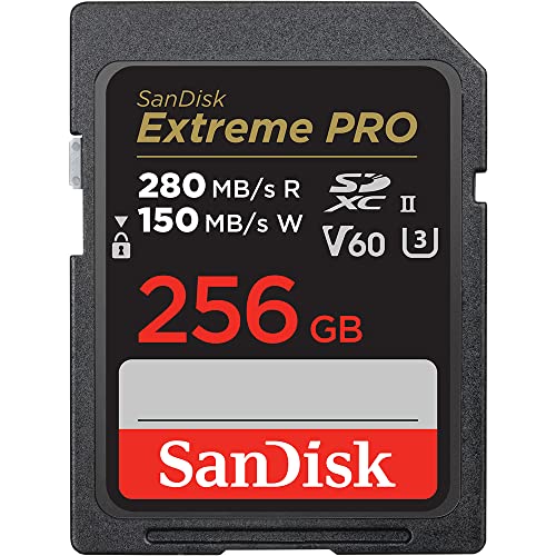 SanDisk Extreme PRO SDXC card in black and red, featuring 256GB capacity, UHS-II, C10, V60, and a speed rating of 280MB/s read and 150MB/s write.