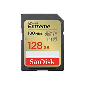 Sandisk 128GB Extreme PLUS SDXC memory card with a gold and black design, featuring UHS-I U3 V30 Class 10 rating and 190MB/s read speed.