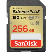 Black and gold SanDisk Extreme PLUS 256 GB SDXC card with red branding and speed rating of 190 MB/s.