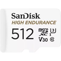 White SanDisk High Endurance 512 GB MicroSDXC card with Class 10, U3, and V30 symbols printed in black and gold.