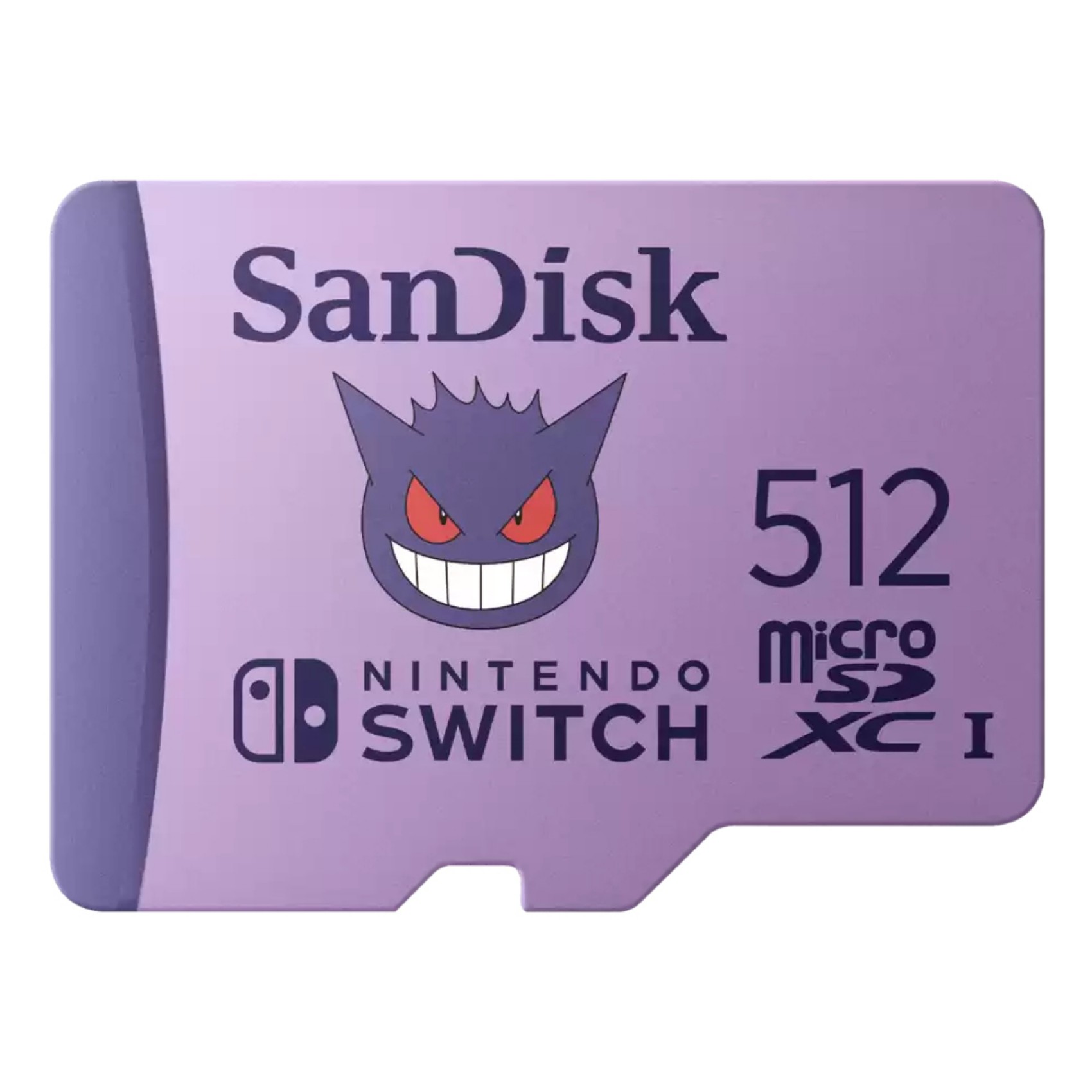 Purple micro SDXC memory card featuring a Gengar Pokémon design, labeled with "SanDisk," "512," and "Nintendo Switch," indicating 512GB storage capacity.