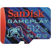 Red and blue SanDisk 256 GB MicroSD card with UHS-I, V30, A2, and U3 ratings, featuring a gaming icon.
