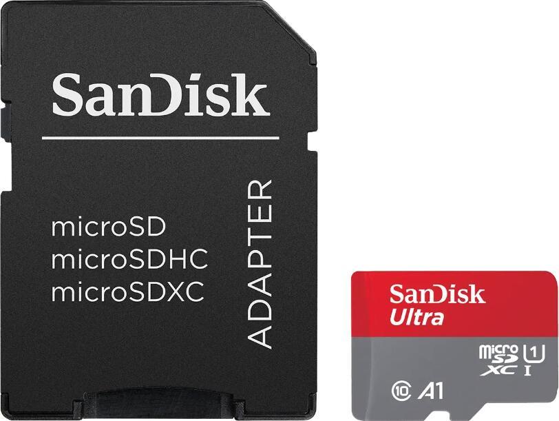 SanDisk Ultra MicroSDXC card in red and gray with 1.5TB capacity, A1 Class 10 UHS-I rating, accompanied by a black adapter labeled "SanDisk."