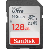 SanDisk Ultra 128GB SDXC card, gray and black with red text, 140MB/s speed, UHS-I Class 10 logo.