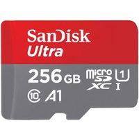 Red and gray SanDisk Ultra 256 GB MicroSDXC card, UHS-I, Class 10, A1, with white text and logo.