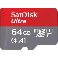 SanDisk Ultra 64GB MicroSDXC card, red and gray, Class 10, UHS-I, A1, with white text and logos.