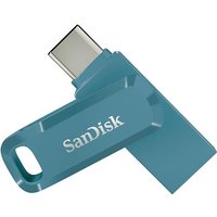 Blue SanDisk Ultra Dual Drive Go USB 128GB with USB Type-A and Type-C connectors, swivel design.