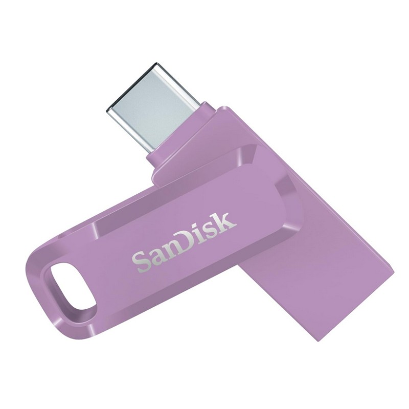 Lavender SanDisk 128GB Ultra Dual Drive Go USB Type-C Flash Drive with a sleek design, featuring a metallic connector and a loop for easy attachment.