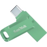 Green SanDisk Ultra Dual Drive Go USB flash drive with swivel design, USB Type-A and Type-C connectors.