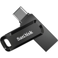 Black SanDisk Ultra Dual Drive Go USB flash drive with USB Type-A and USB Type-C connectors, compact swivel design.