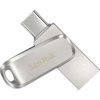 Silver SanDisk Ultra Dual Drive Luxe 32GB with USB Type-A and USB Type-C connectors, swivel design.