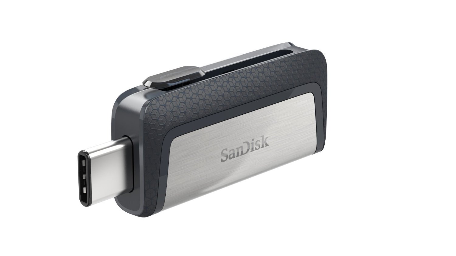 SanDisk Ultra Dual USB Drive Type C features a sleek metallic silver body with a textured black grip, showcasing a reversible USB Type-C connector and a sliding mechanism for protection.