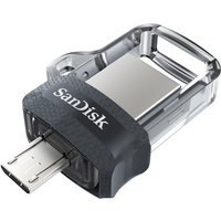 Black and silver SanDisk Ultra Dual m3.0 USB flash drive with transparent casing and Micro-USB connector.