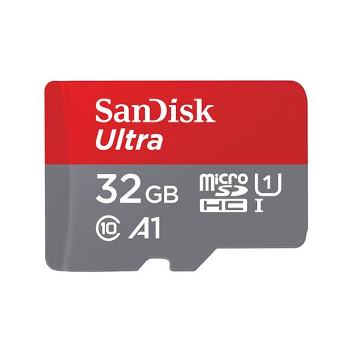 Red and gray SanDisk Ultra MicroSD card labeled 32GB, featuring UHS-I Class 10 and A1 performance indicators, designed for high-speed data transfer.