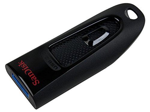 Black SanDisk Ultra USB 3 Flash Drive with a textured grip, featuring a blue USB connector and a keyring hole for easy attachment.