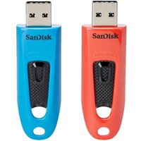 Blue and red SanDisk Ultra USB flash drives, 64GB, USB Type-A 3.2 Gen 1, with black accents and keyring holes.