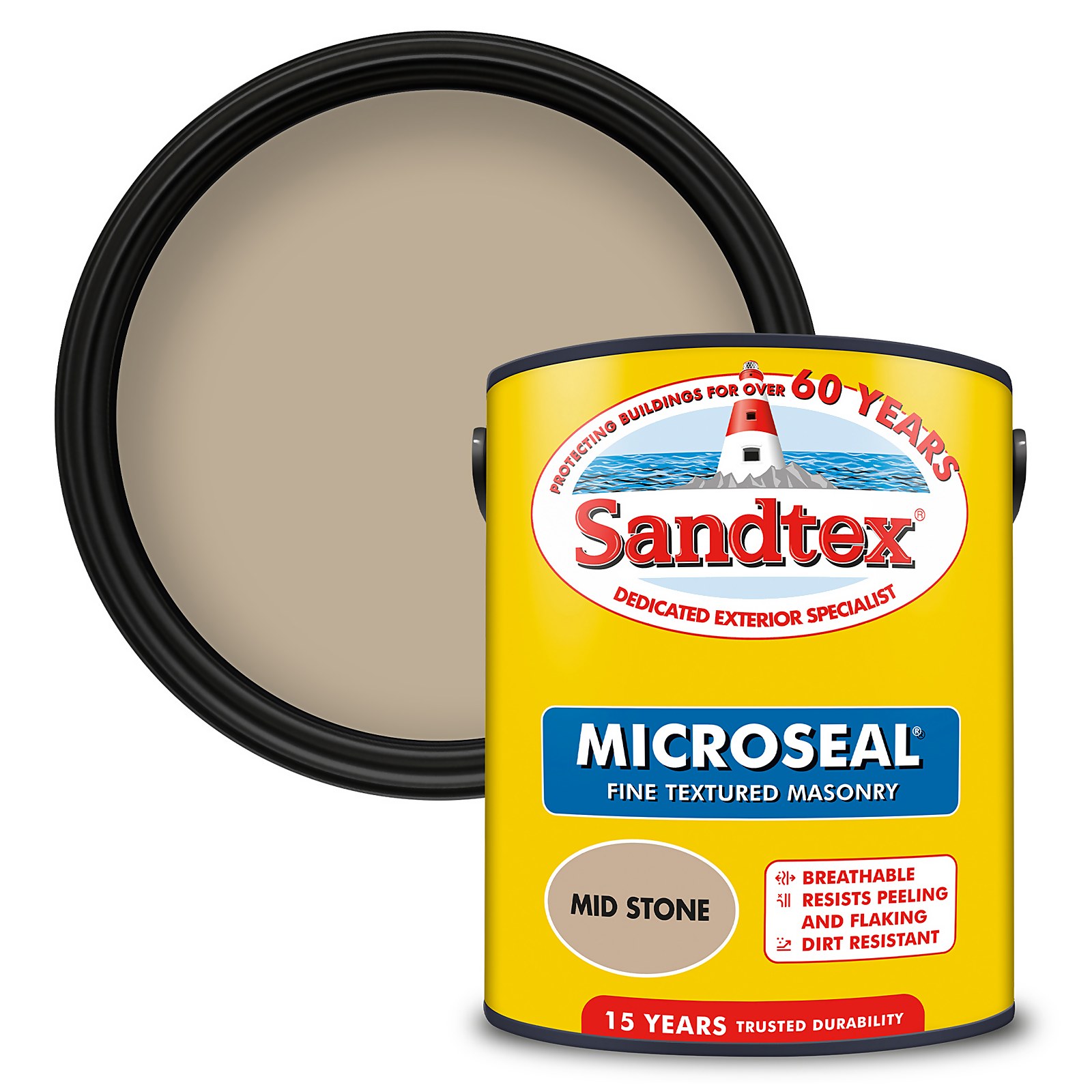 Yellow paint can labeled "Sandtex Microseal Fine Textured Masonry Paint 5L" with "Mid Stone" color, featuring a black lid and a circular swatch of the paint color above.