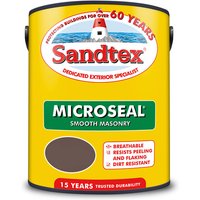Yellow Sandtex Microseal Smooth Masonry Paint can, 5L, Brick Red color, 15-year protection label.