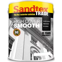 Sandtex Trade High Cover Smooth Masonry Paint can, yellow lid, black and white building image, 15-year durability.