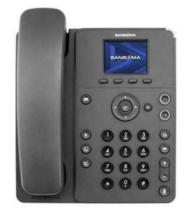 Black Sangoma 2-line SIP phone featuring a 2.4-inch gigabit color display, HD voice capabilities, and a numeric keypad with a circular navigation button.