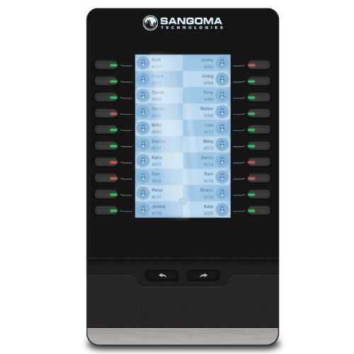 SANGOMA Phone Expansion Module features a sleek black design with a backlit display, multiple programmable keys, and LED indicators for efficient call management.