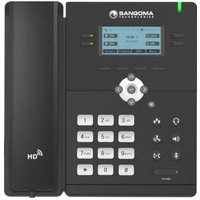 Black SANGOMA s305 IP phone with LCD screen, numeric keypad, navigation buttons, and HD logo on handset.