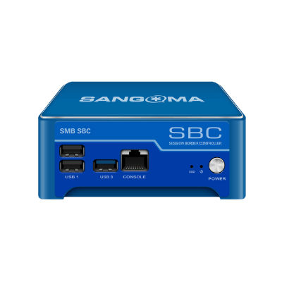 Compact blue device with "SANGOMA" logo on top, featuring USB ports, a console port, and an Ethernet port, designed for handling 25 calls with transcoding capabilities.