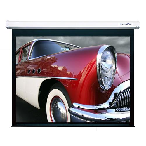 Sapphire AV Electric Screen features a sleek white casing, displaying a vibrant image of a classic red and white car, measuring 4878mm x 3660mm, designed for radio frequency operation.