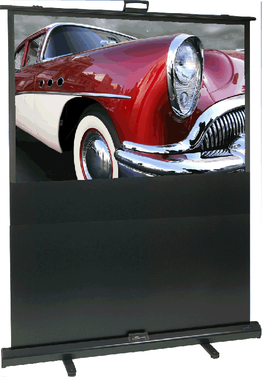 Portable pull-up screen featuring a sleek black base and a vibrant image of a classic red and white car, measuring 1723 x 1077mm, ideal for presentations.